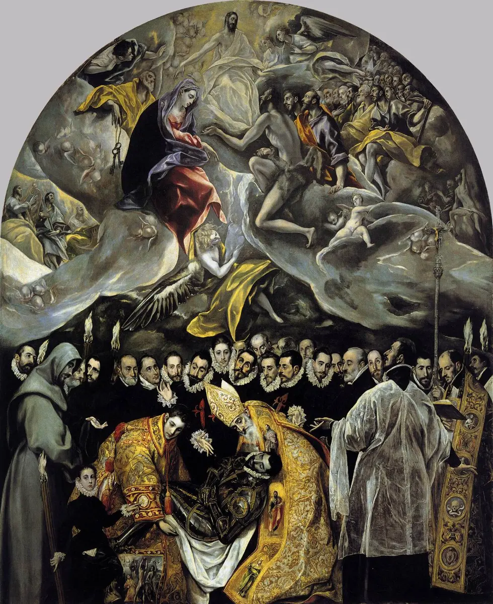 El Greco painting of two saints lowering an armored knight into his tomb while heaven opens above the mourners