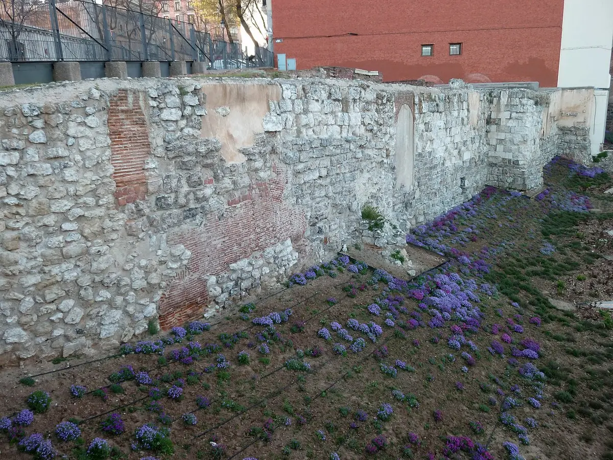 A long stretch of rough stone wall above a bed of purple flowers in a small park