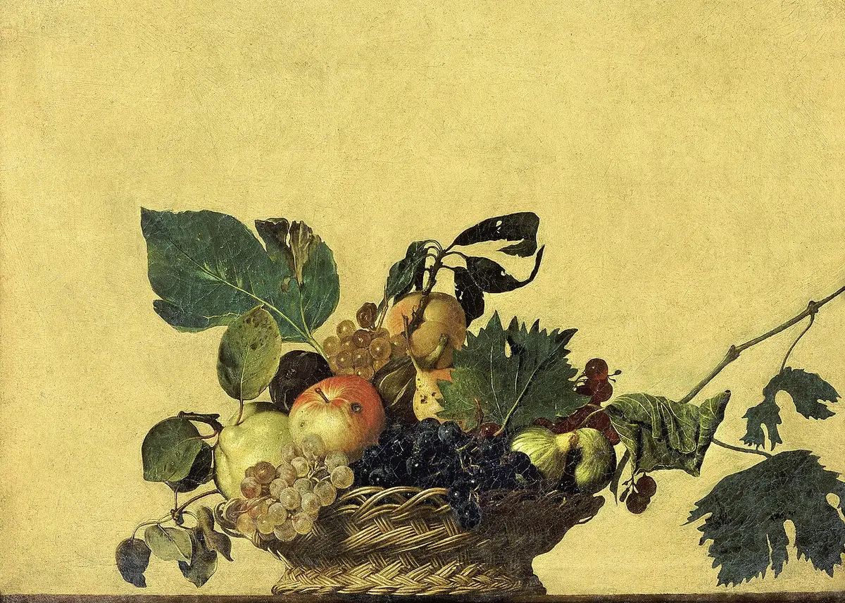 Caravaggio painting of a wicker basket of fruit and vine leaves on a ledge