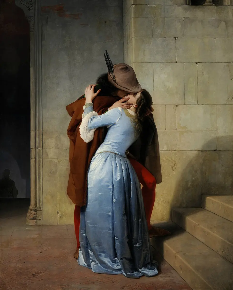 Hayez painting of a young man and a woman in a blue silk dress kissing at the foot of a stone stair