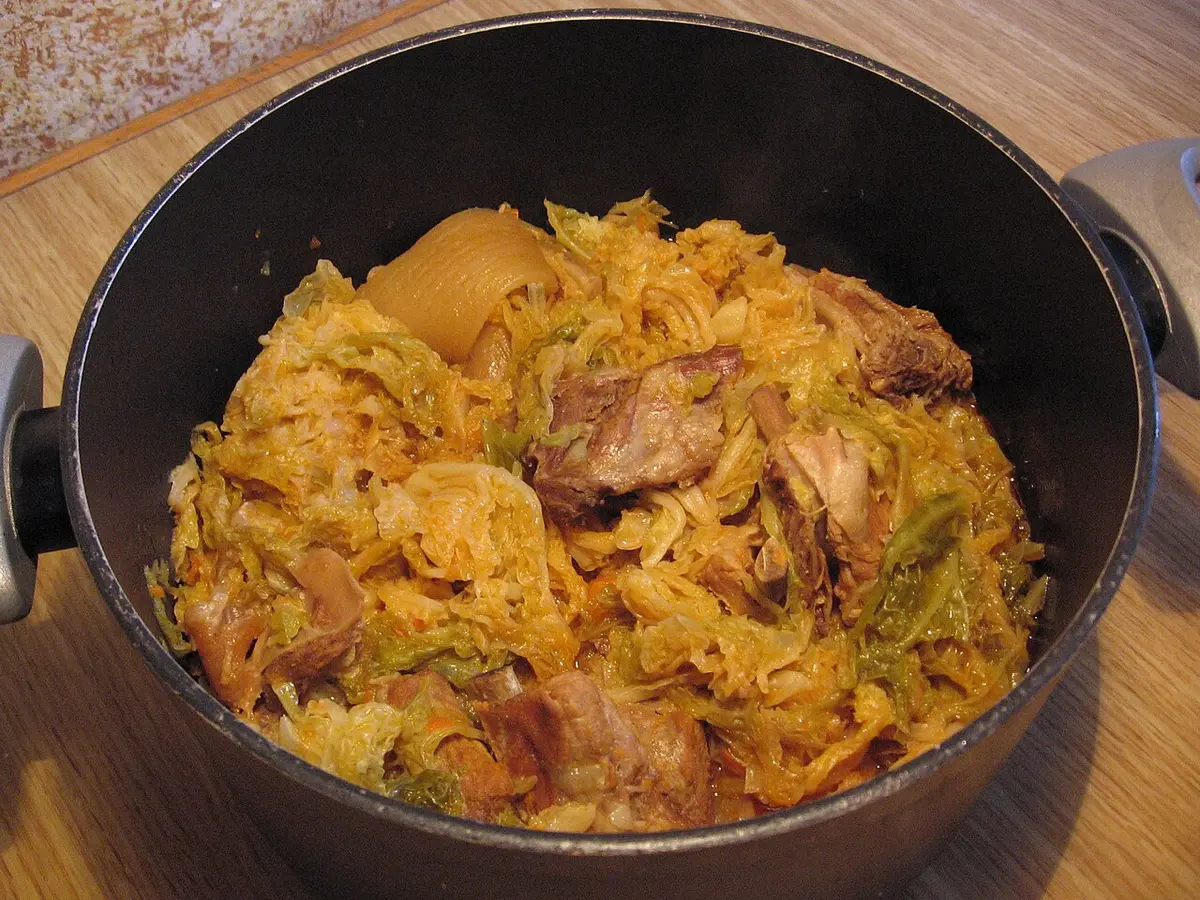 A pot of cassoeula, savoy cabbage stewed with pork