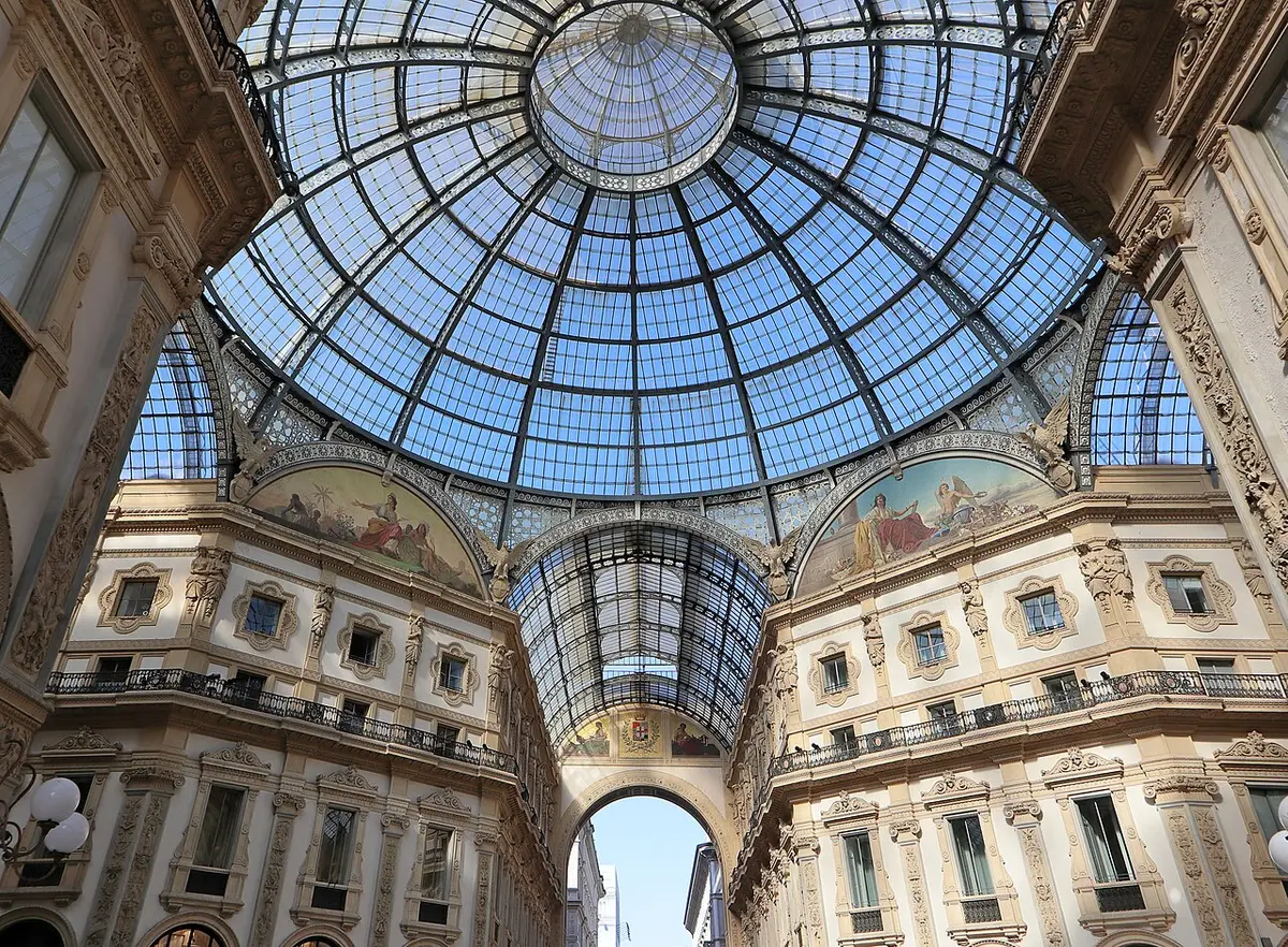 Looking up at the glass and iron dome over the central octagon of the Galleria Vittorio Emanuele II
