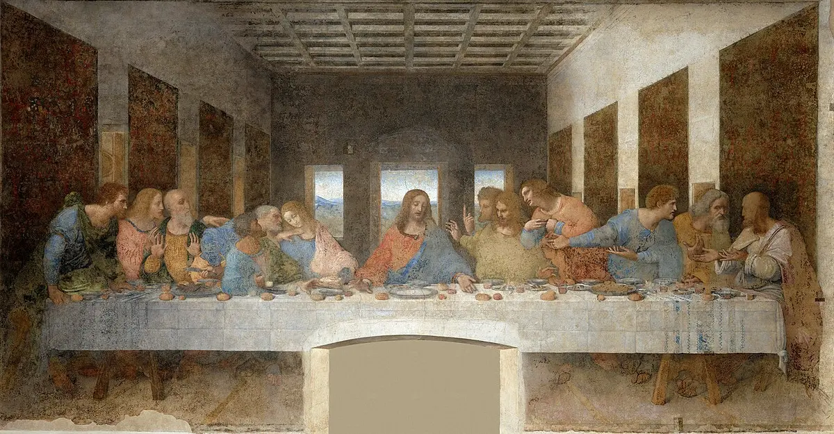 Leonardo’s Last Supper: Christ at the center of a long table, the apostles reacting in groups of three