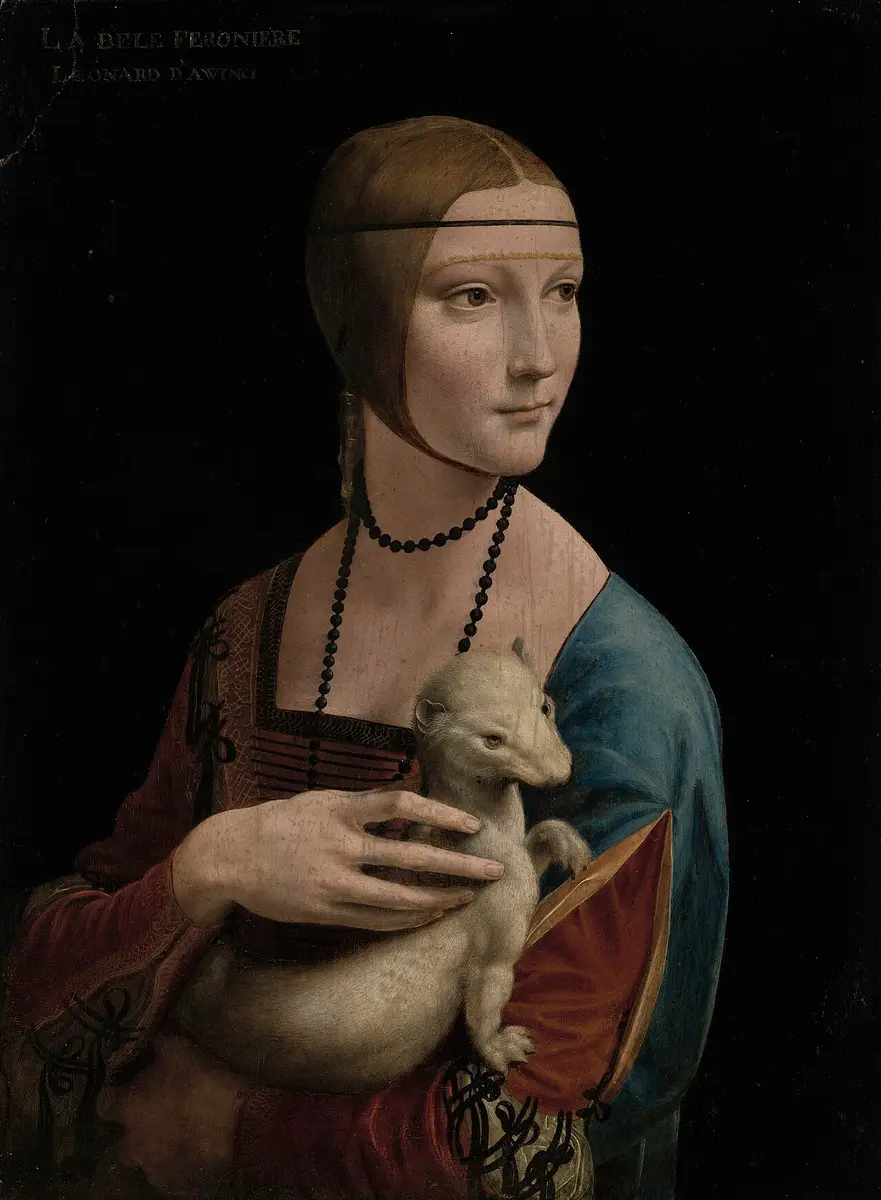 Portrait of a young woman holding a white ermine, against a dark background