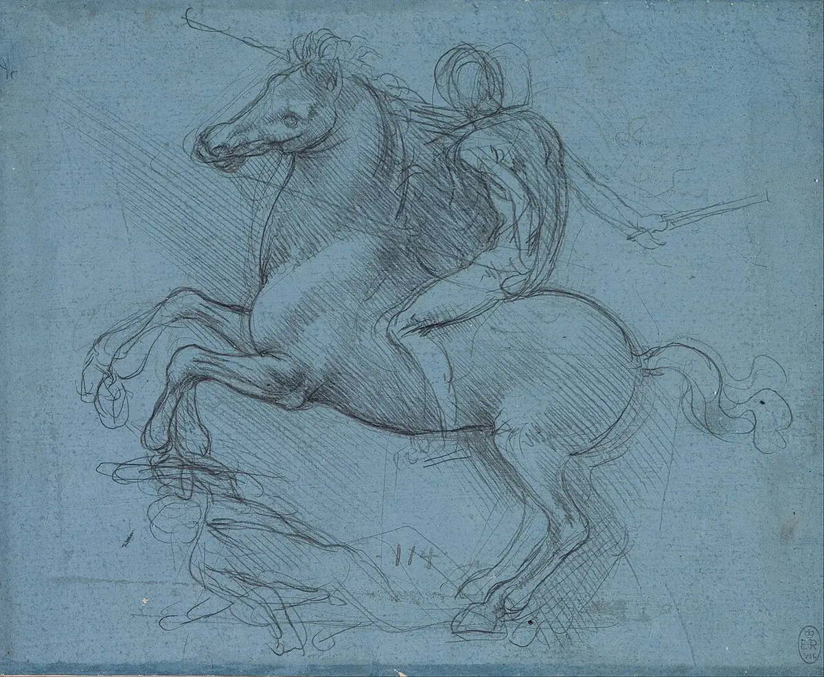 Metalpoint drawing on blue paper of a rider on a rearing horse above a fallen figure