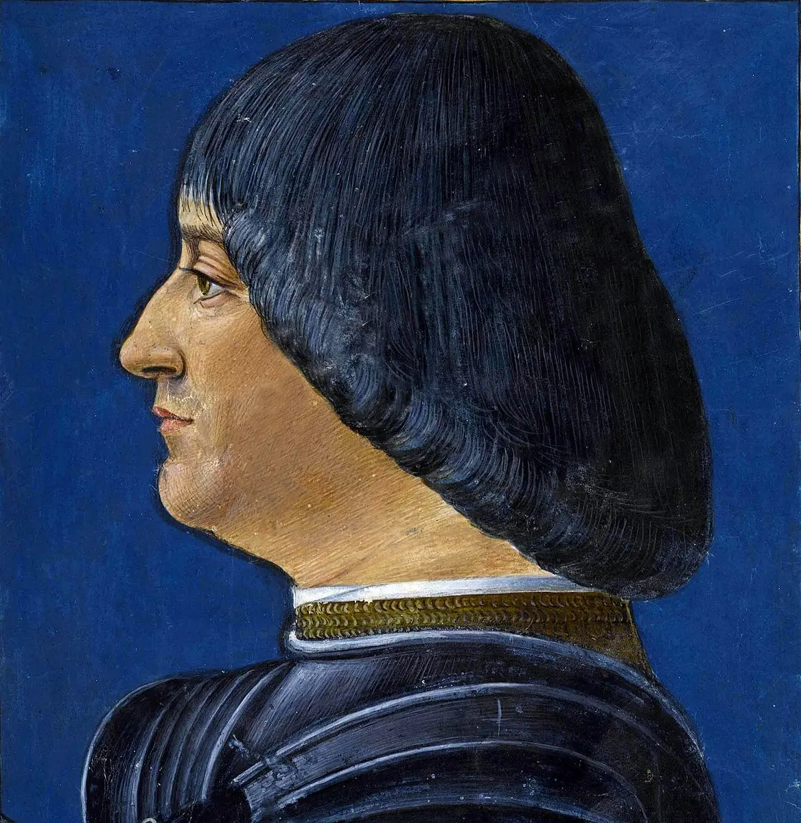 Profile portrait of Ludovico Sforza in armor against a blue background