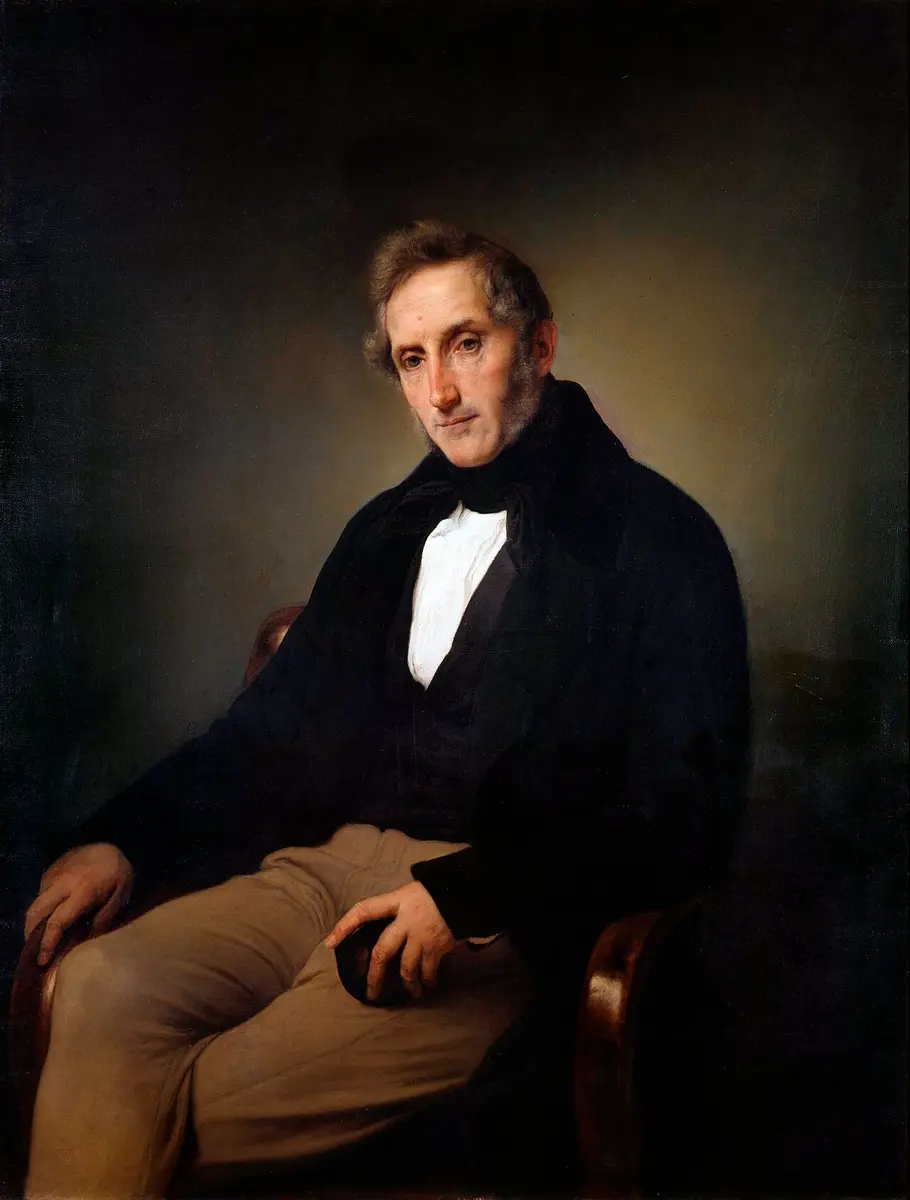 Portrait of Alessandro Manzoni seated in a dark coat and white shirt