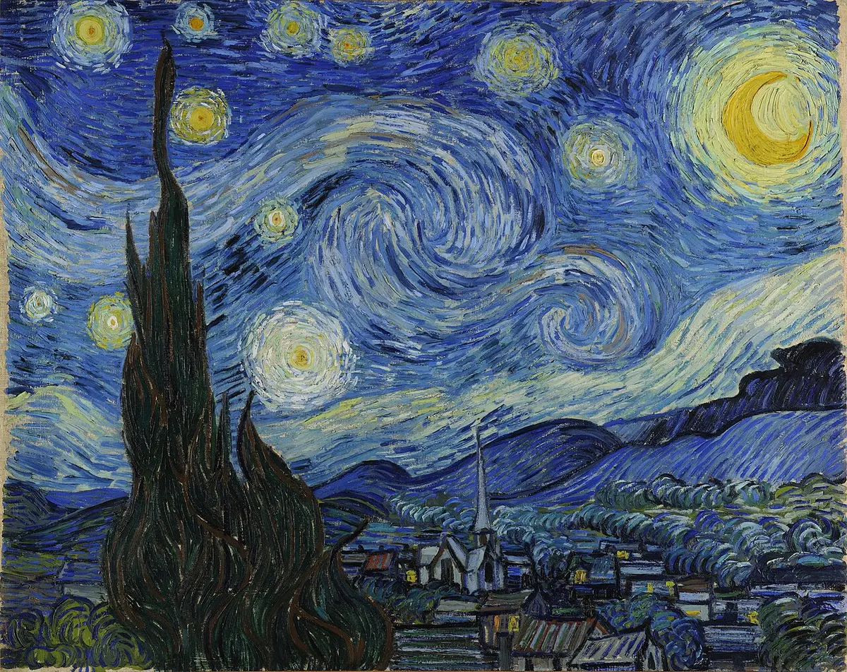 Van Gogh painting of a swirling night sky of stars and a crescent moon over a village, a dark cypress in front