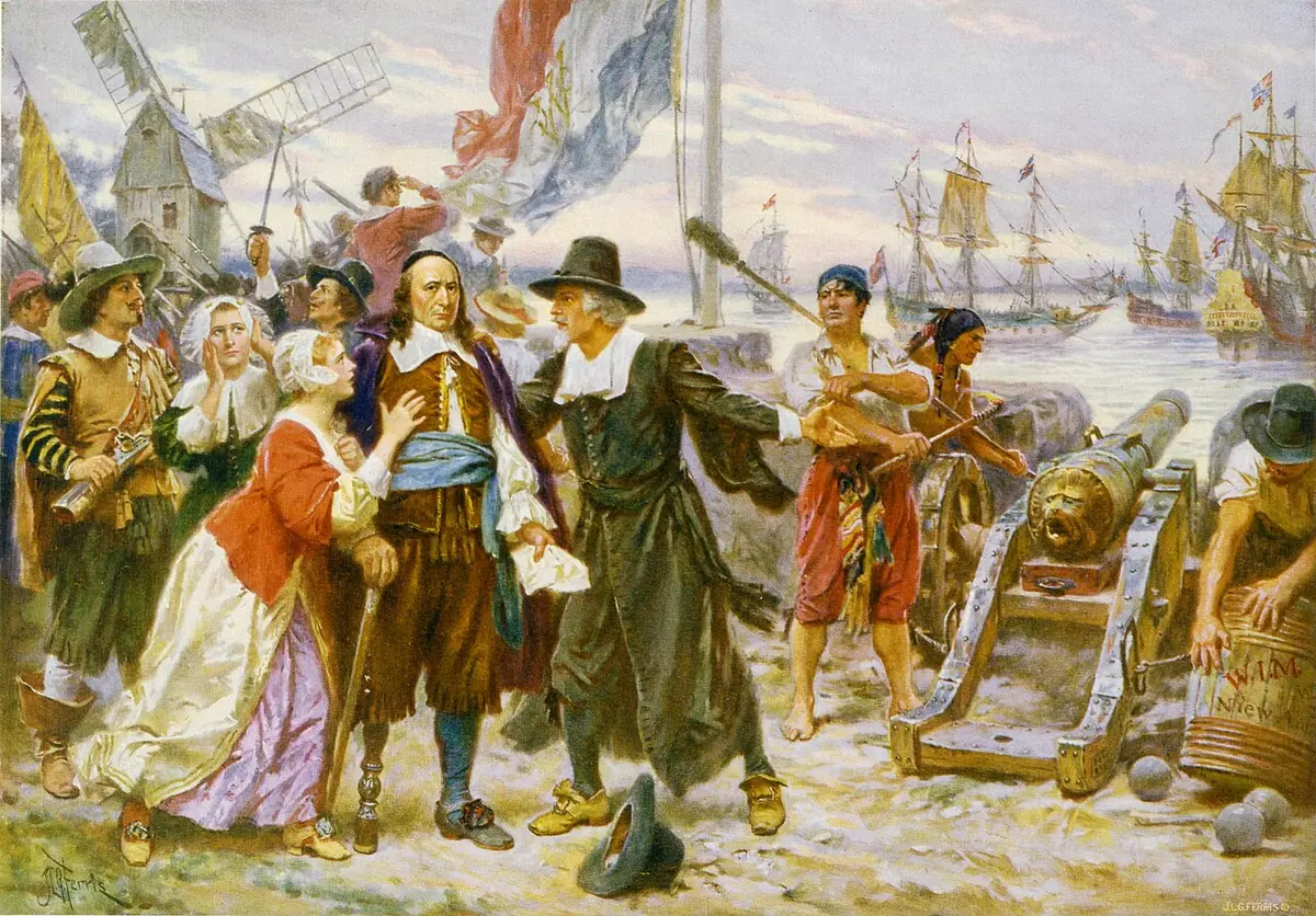 Painting of Stuyvesant on the waterfront surrounded by townspeople urging him to surrender, English ships in the harbor