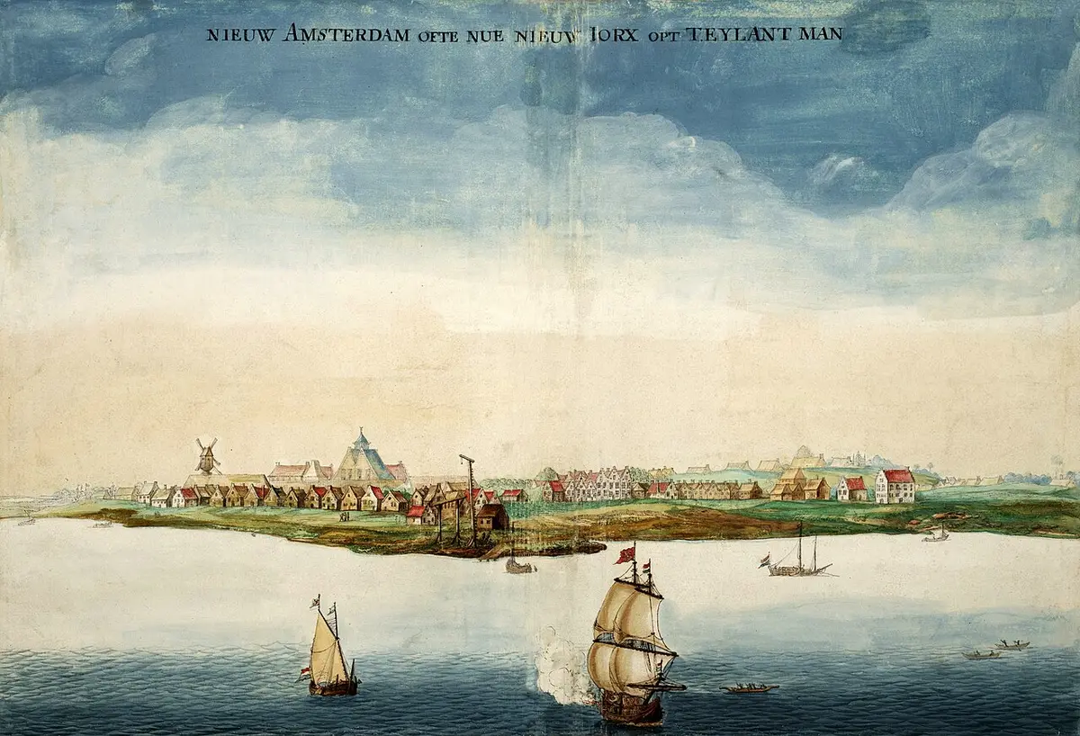 Watercolor of New Amsterdam from the water: a low town with a windmill, a church and a fort, ships in the harbor