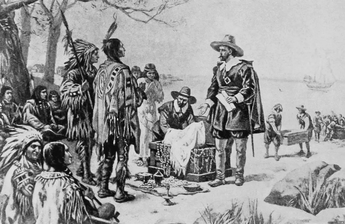 Illustration of Dutch settlers offering goods from a chest to a group of Lenape on the shore