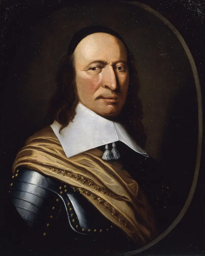 Oil portrait of Peter Stuyvesant in armor with a white collar and a sash