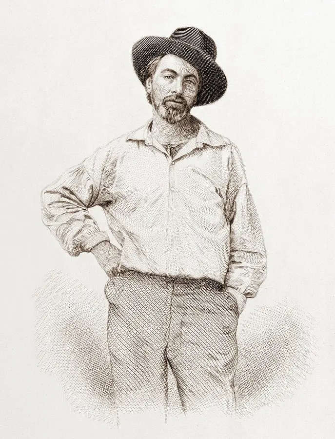 Engraving of Walt Whitman standing in a hat and open-necked shirt, one hand on his hip