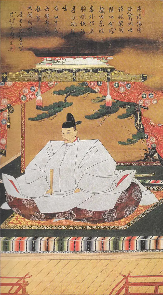 Painted portrait of Toyotomi Hideyoshi seated in white court robes and a black cap