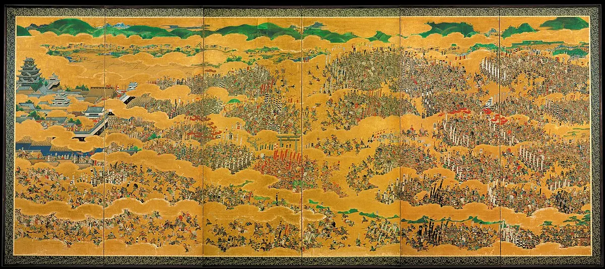A six-panel folding screen painted in gold, showing armies massed around Osaka Castle