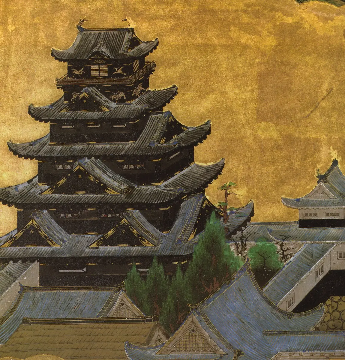 Detail of a painted screen showing the black and gold keep of Hideyoshi’s Osaka Castle
