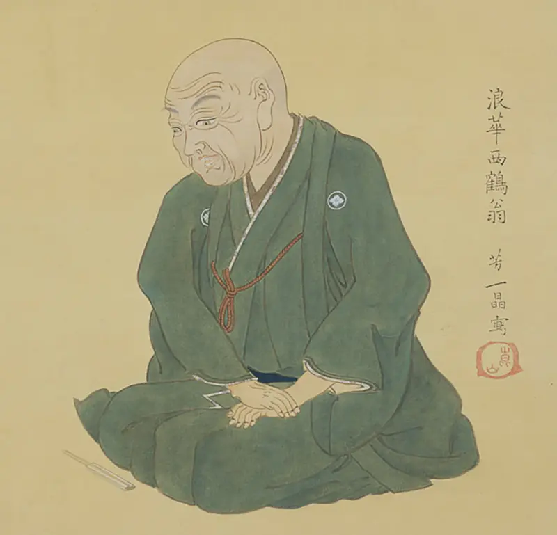 Painted portrait of Ihara Saikaku, an old man with a shaved head in a green robe, seated