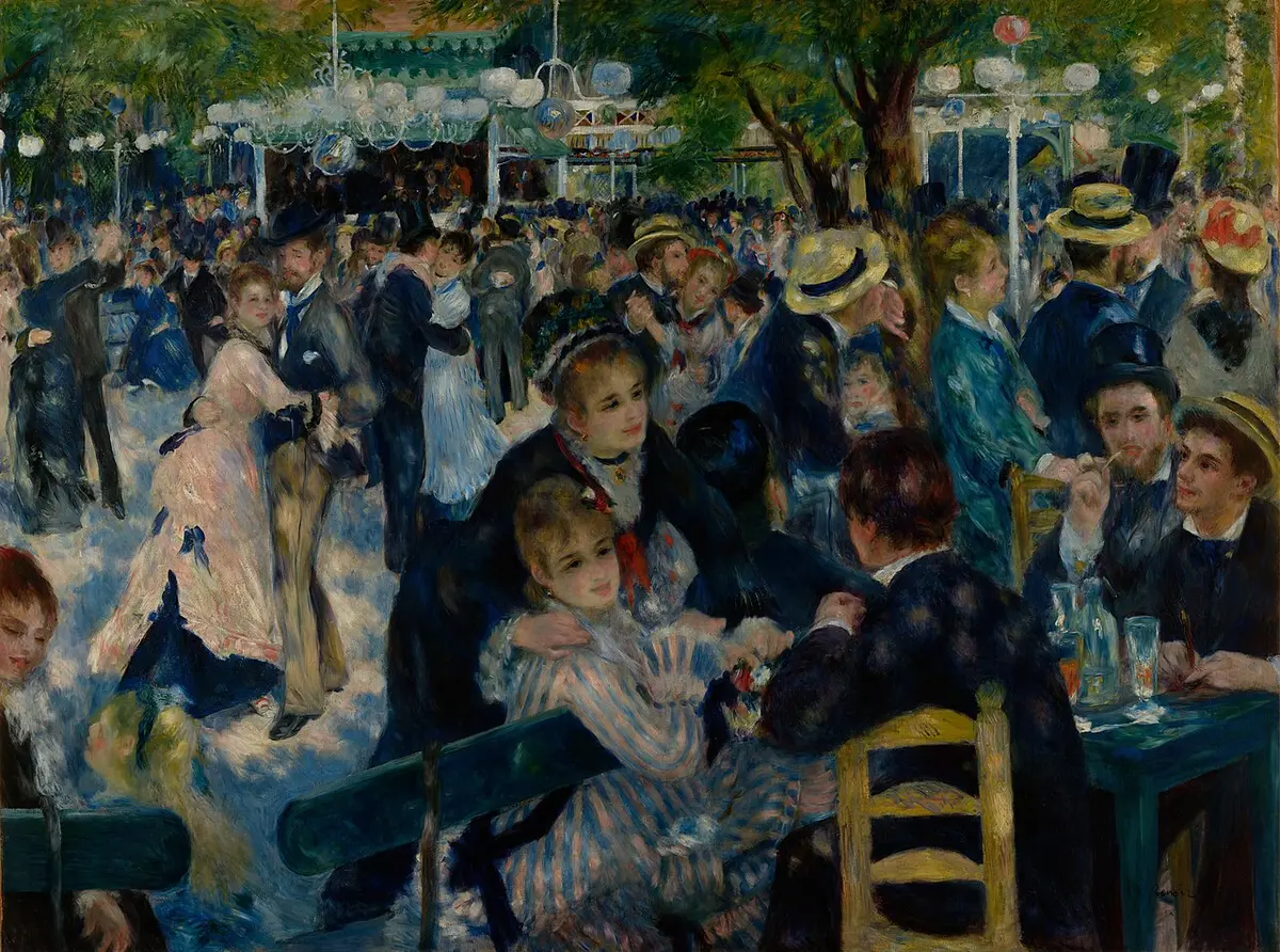 Renoir painting of couples dancing and talking at tables under trees in dappled sunlight
