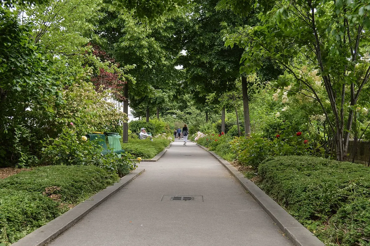 A paved path between trees and hedges on the Coulée verte, the park on an old railway viaduct