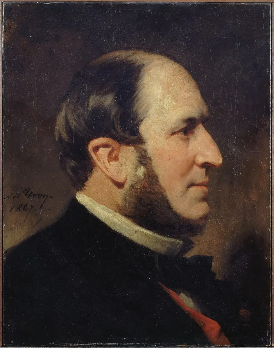 Portrait in profile of Baron Haussmann, with side whiskers and a dark coat
