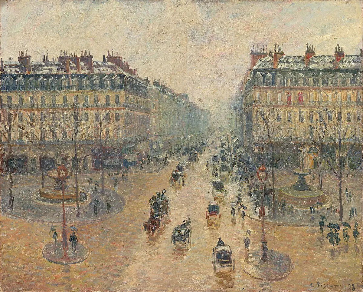 Pissarro painting of a wide avenue seen from above, lined with stone buildings, with carriages and fountains in the snow