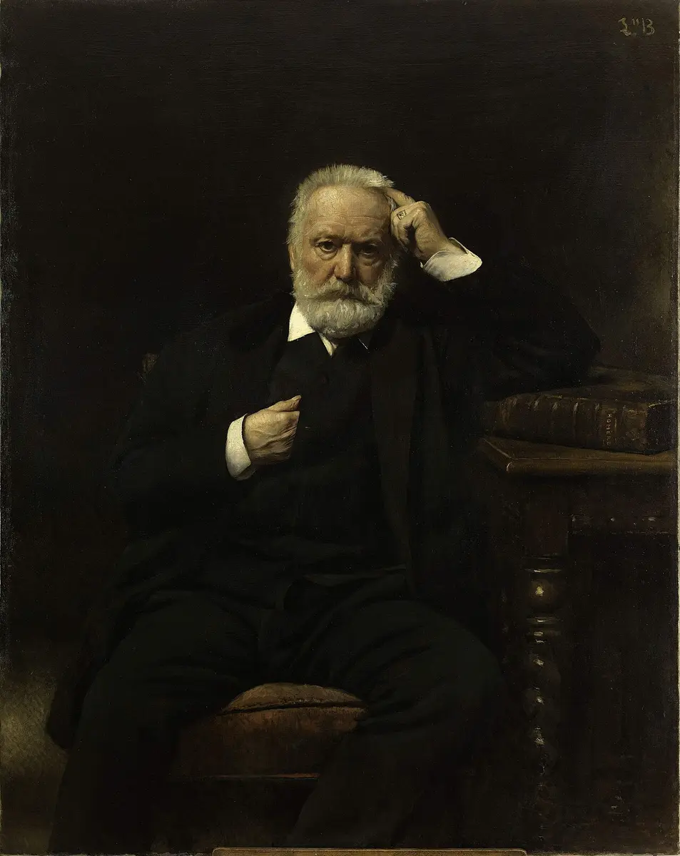 Portrait of an elderly Victor Hugo in a dark coat, his head resting on his hand