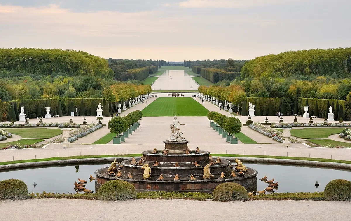 The gardens of Versailles seen from the palace terrace, the Latona Fountain in front and the Grand Canal in the distance