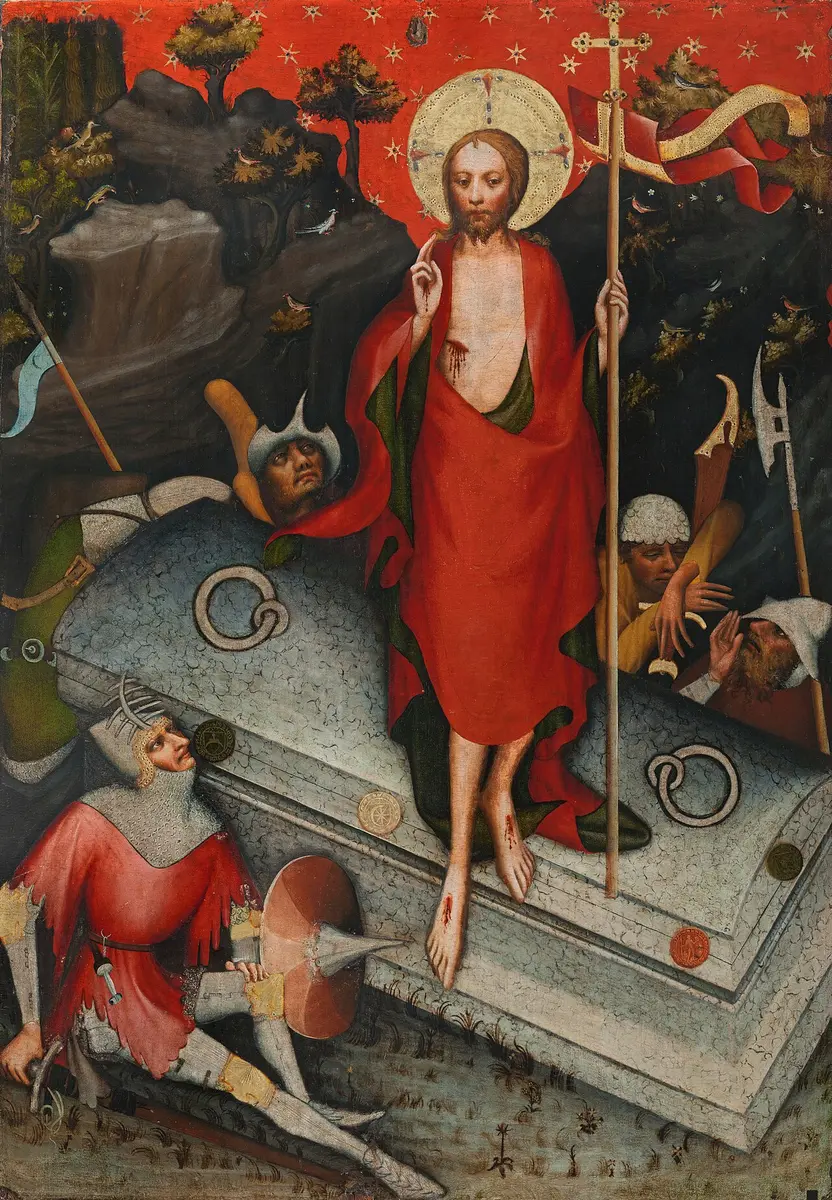 Gothic panel painting of Christ rising from a sealed tomb in a red cloak, soldiers asleep around it