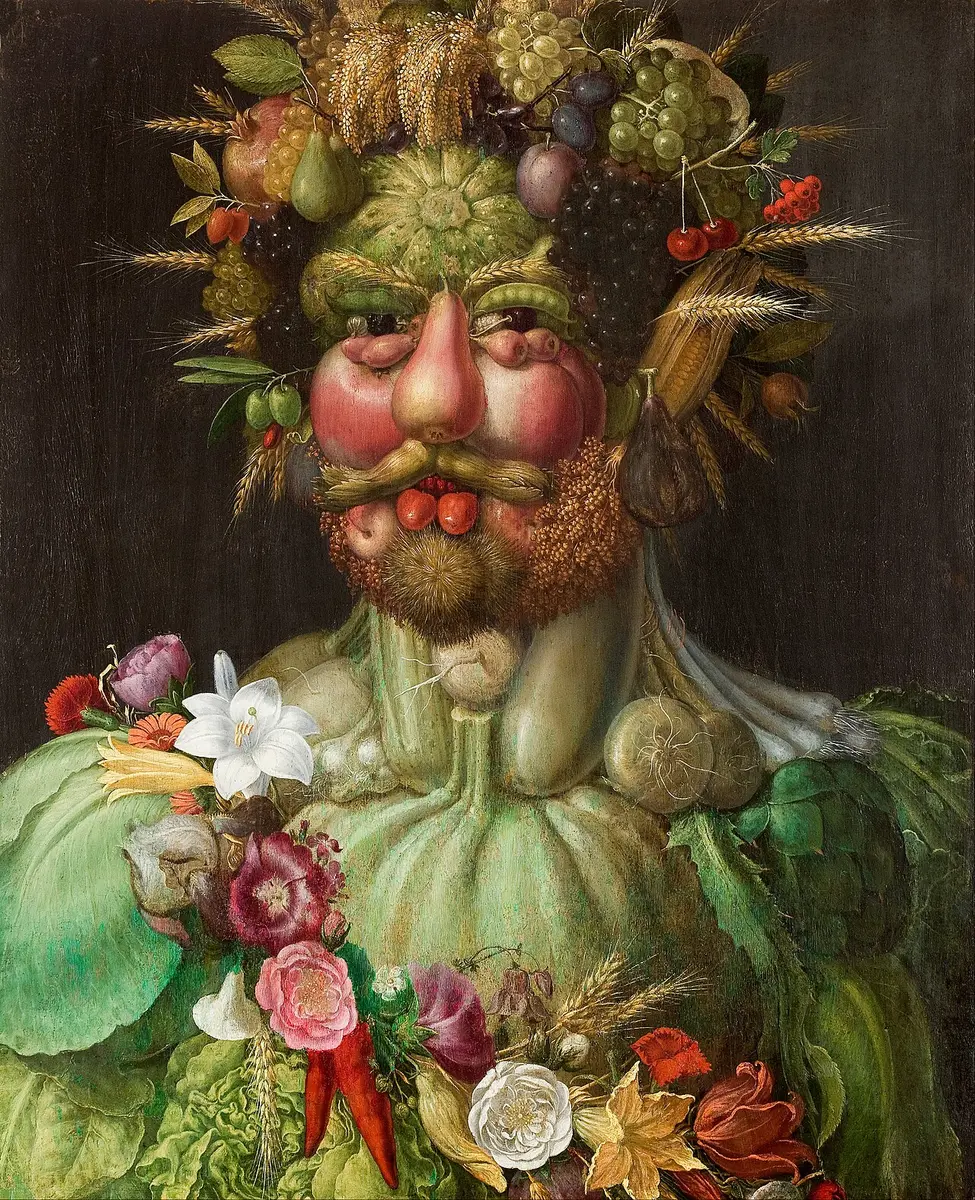 Portrait of Emperor Rudolf II made entirely of fruit, vegetables and flowers