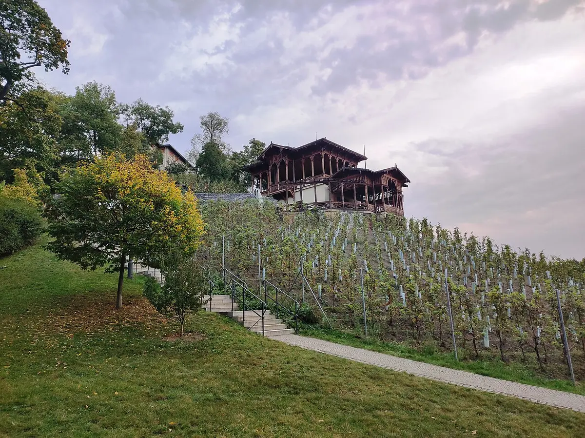 A wooden gazebo at the top of a vineyard slope in Havlíčkovy sady, Vinohrady