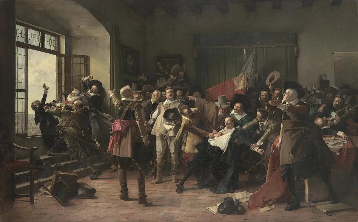 Painting of Protestant nobles pushing two royal governors toward an open window in a crowded chancellery room