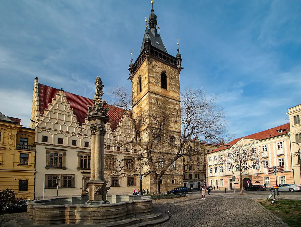 The New Town Hall on Charles Square: a white gabled hall beside a tall Gothic tower