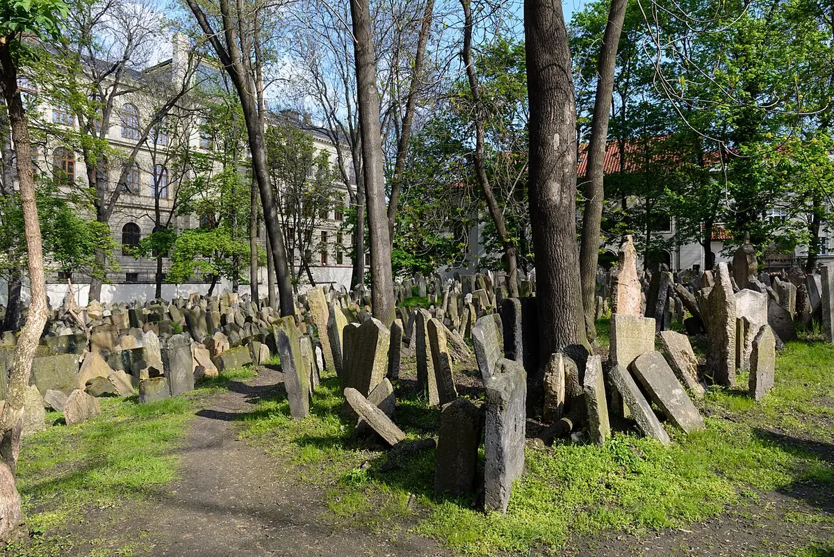 Crowded, leaning gravestones under trees in the Old Jewish Cemetery