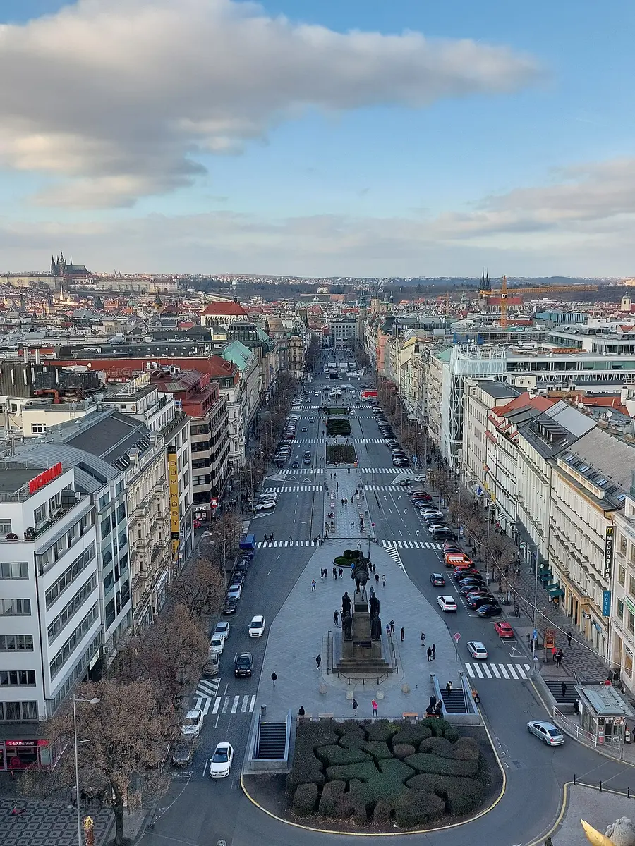 Wenceslas Square from the dome of the National Museum, the statue of St. Wenceslas in front and the castle on the horizon