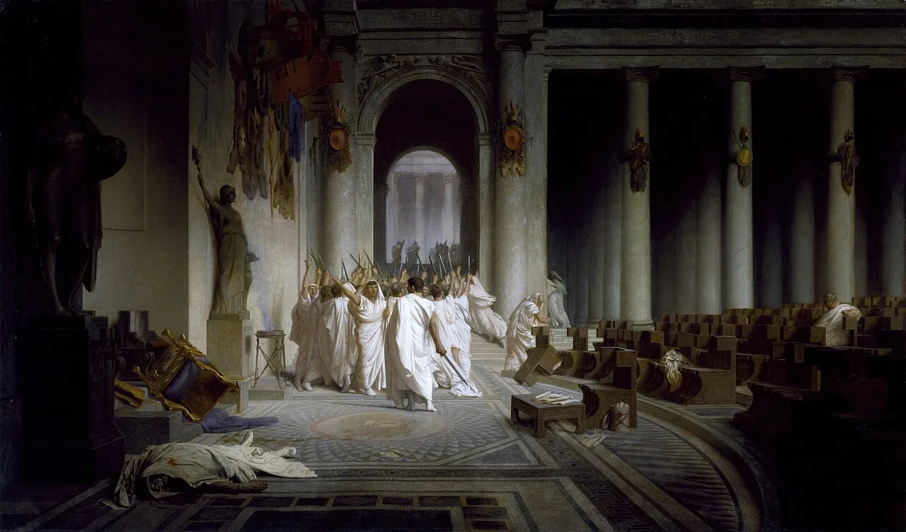 Gérôme painting of Caesar lying dead in the senate hall as the senators leave