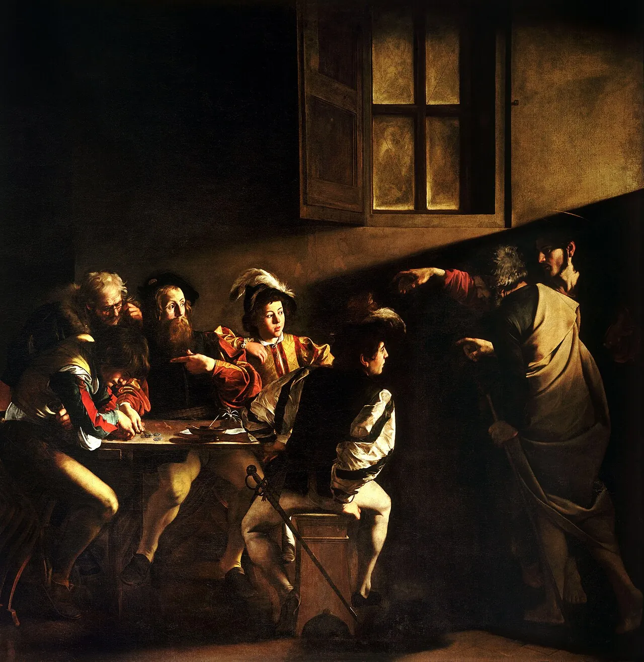 Caravaggio painting of Christ pointing at Matthew seated at a table of tax collectors