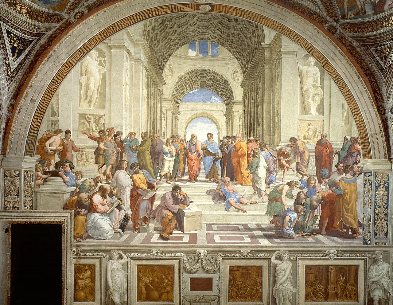 Raphael fresco of the philosophers of ancient Greece under a great arched hall