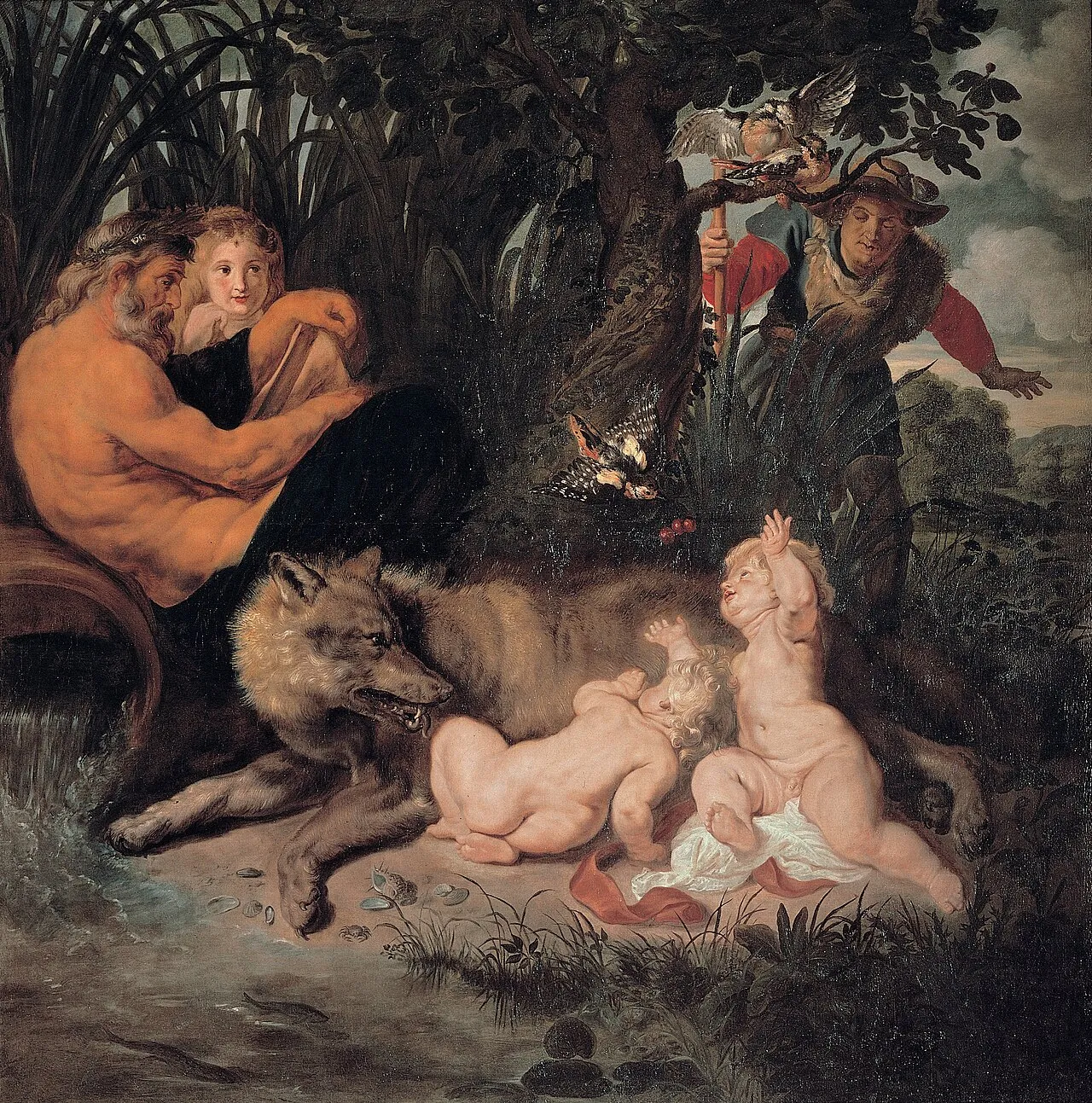 Rubens painting of the she-wolf nursing Romulus and Remus by the Tiber, a shepherd and a river god nearby