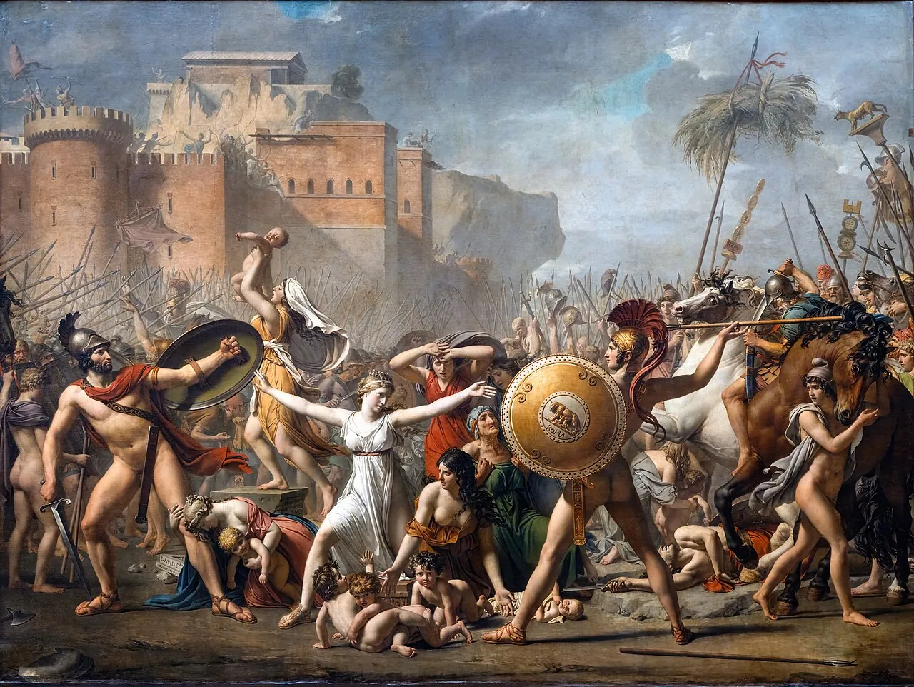 David painting of Hersilia stepping between the Roman and Sabine armies