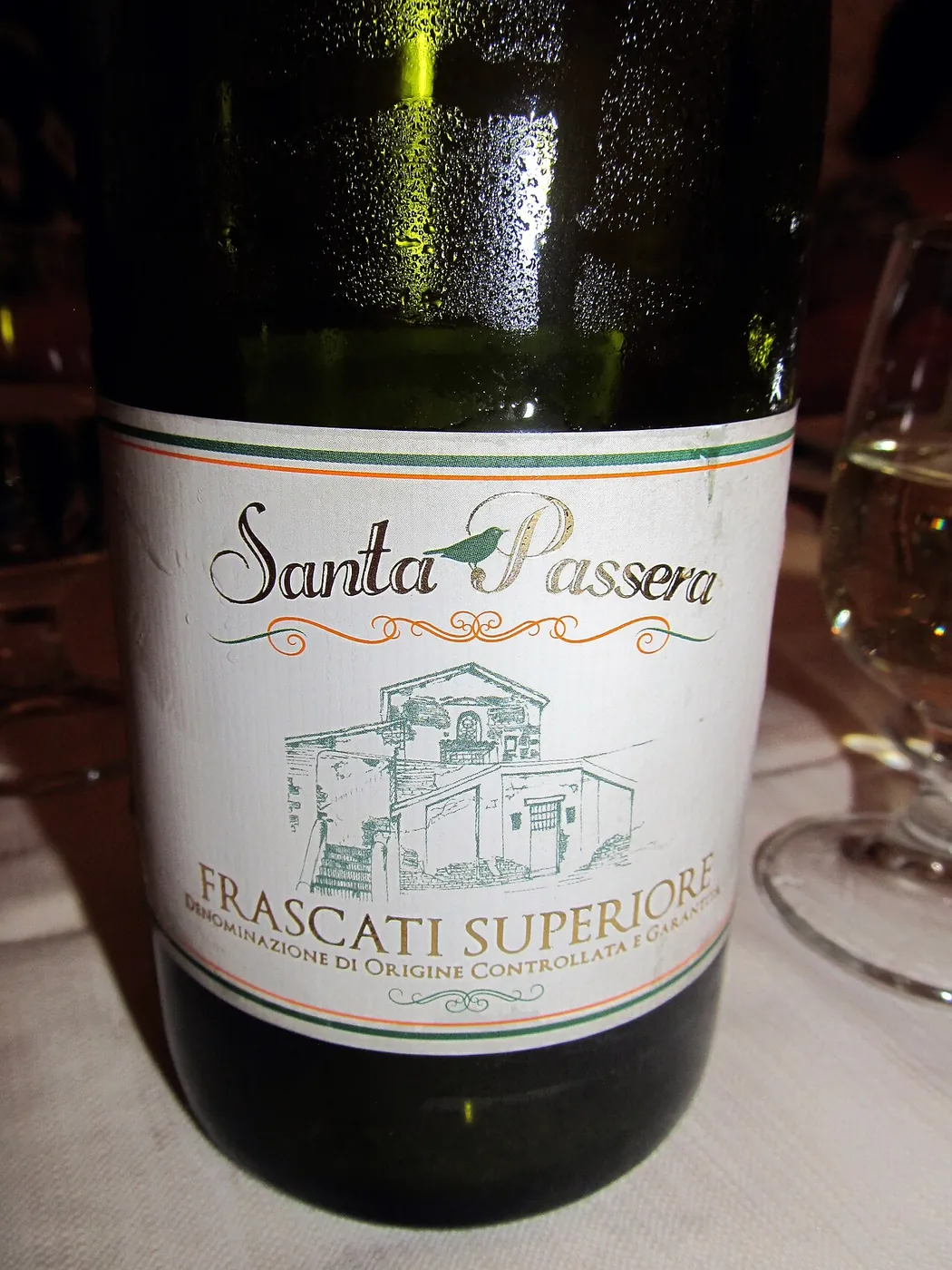 A carafe of Frascati Superiore white wine on a restaurant table