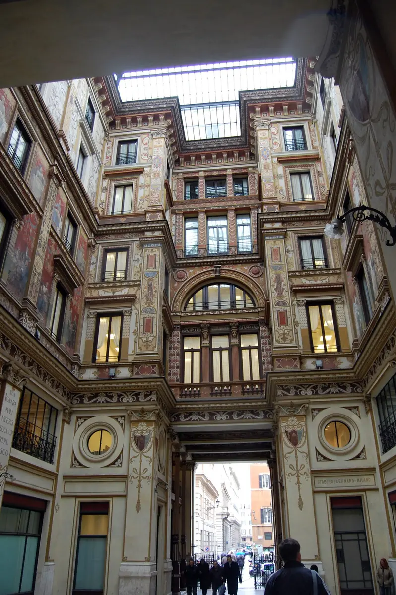 The frescoed courtyard of Galleria Sciarra, seen looking up