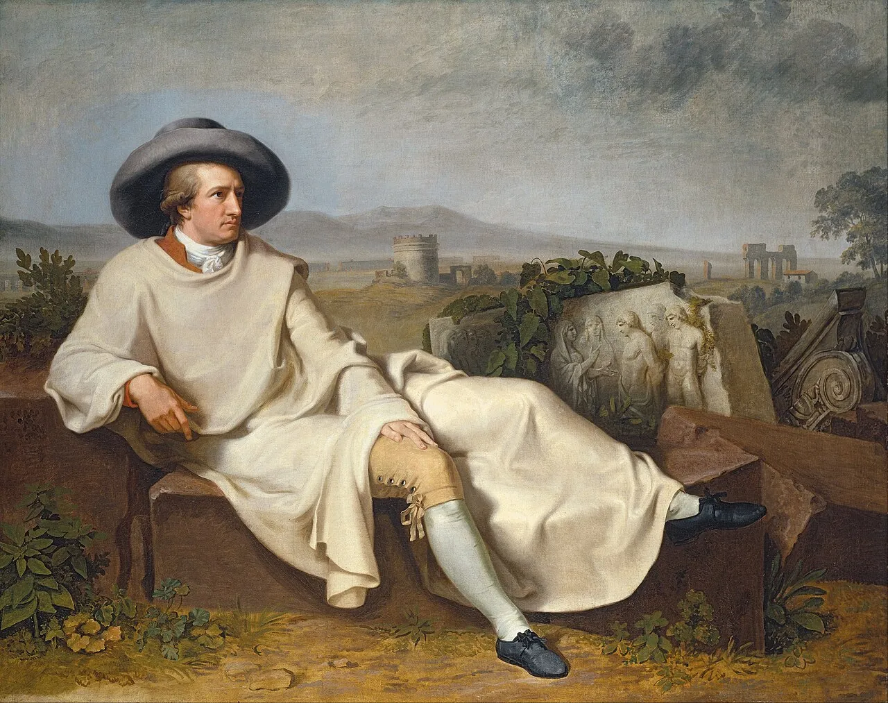 Tischbein painting of Goethe in a wide hat reclining among ancient ruins