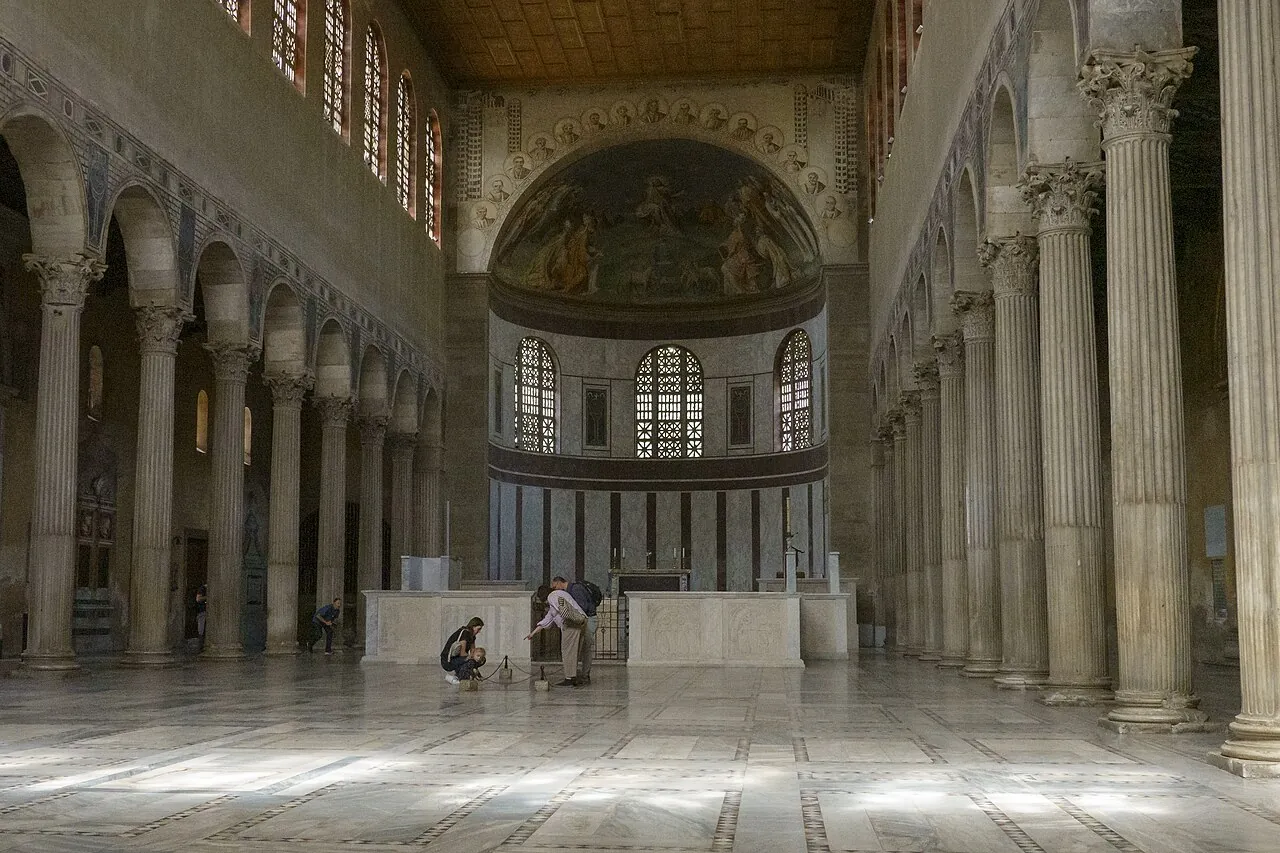 The nave of Santa Sabina, rows of columns under clerestory windows