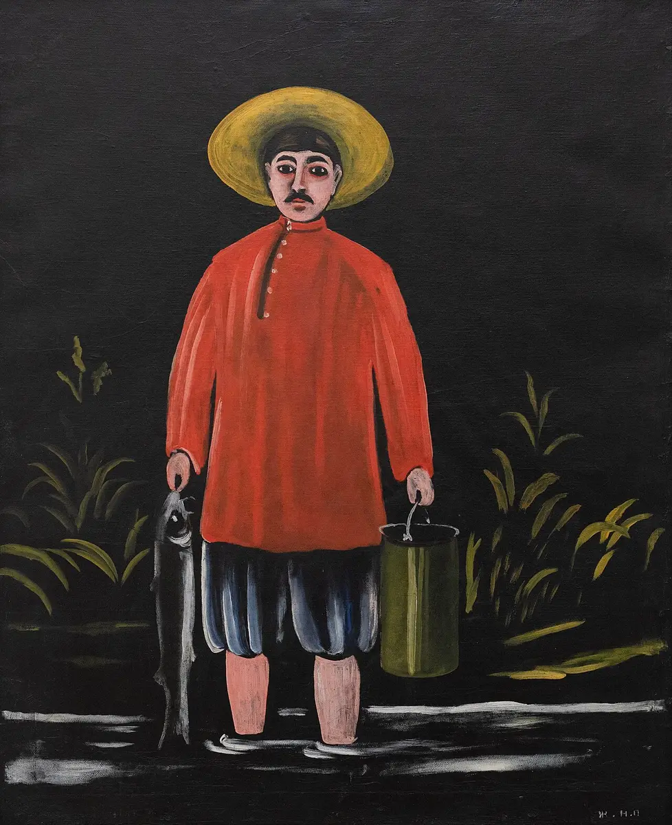 Naive painting of a man in a red shirt and straw hat holding a fish and a bucket, on a black ground