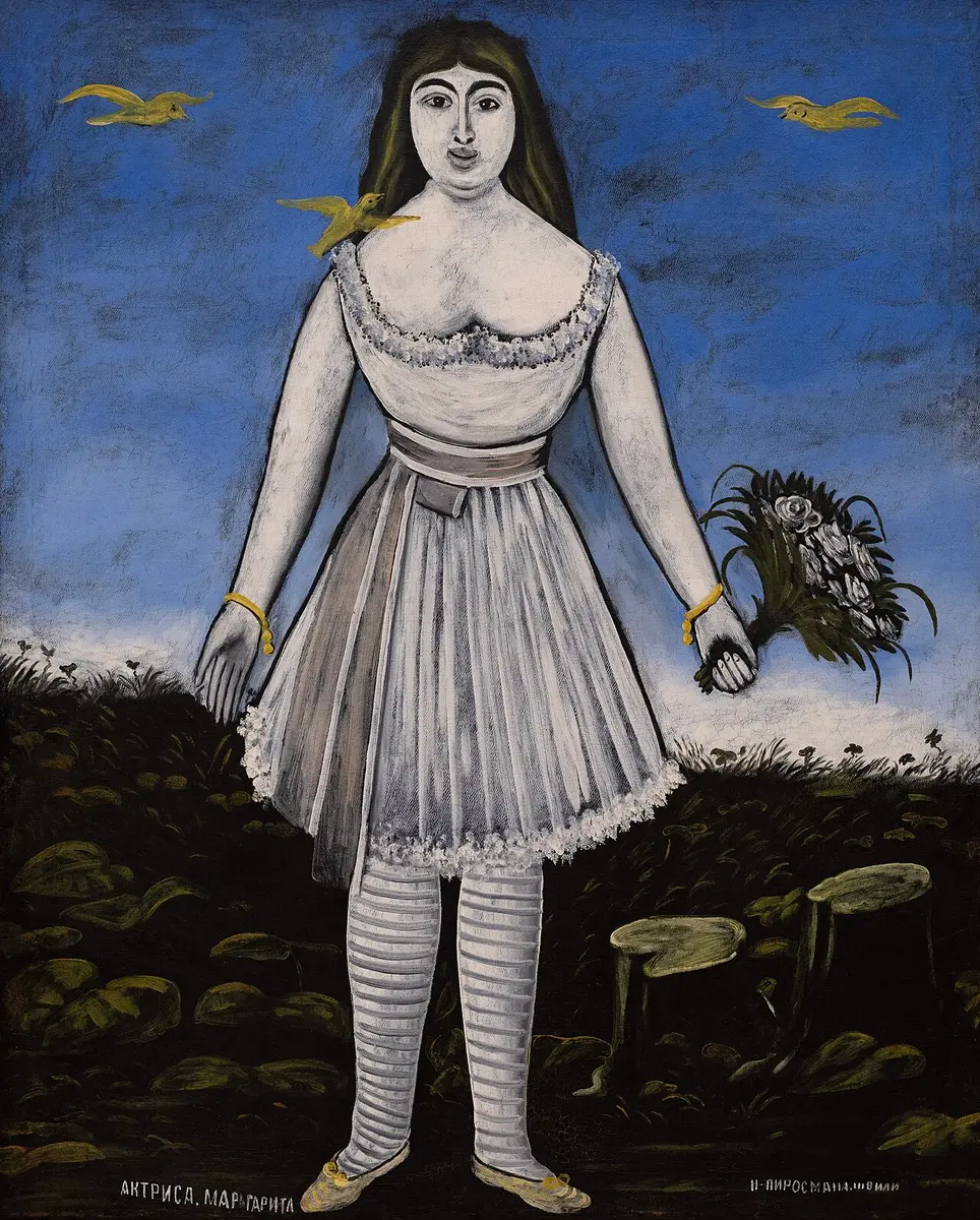 Naive painting of a woman in a white dress and striped stockings holding flowers, with birds in a blue sky