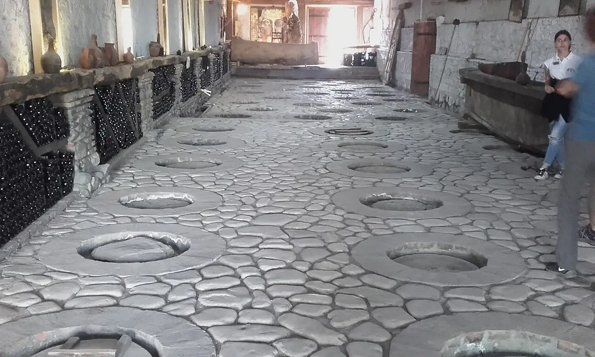 The round mouths of clay qvevri jars set into the stone floor of a wine cellar