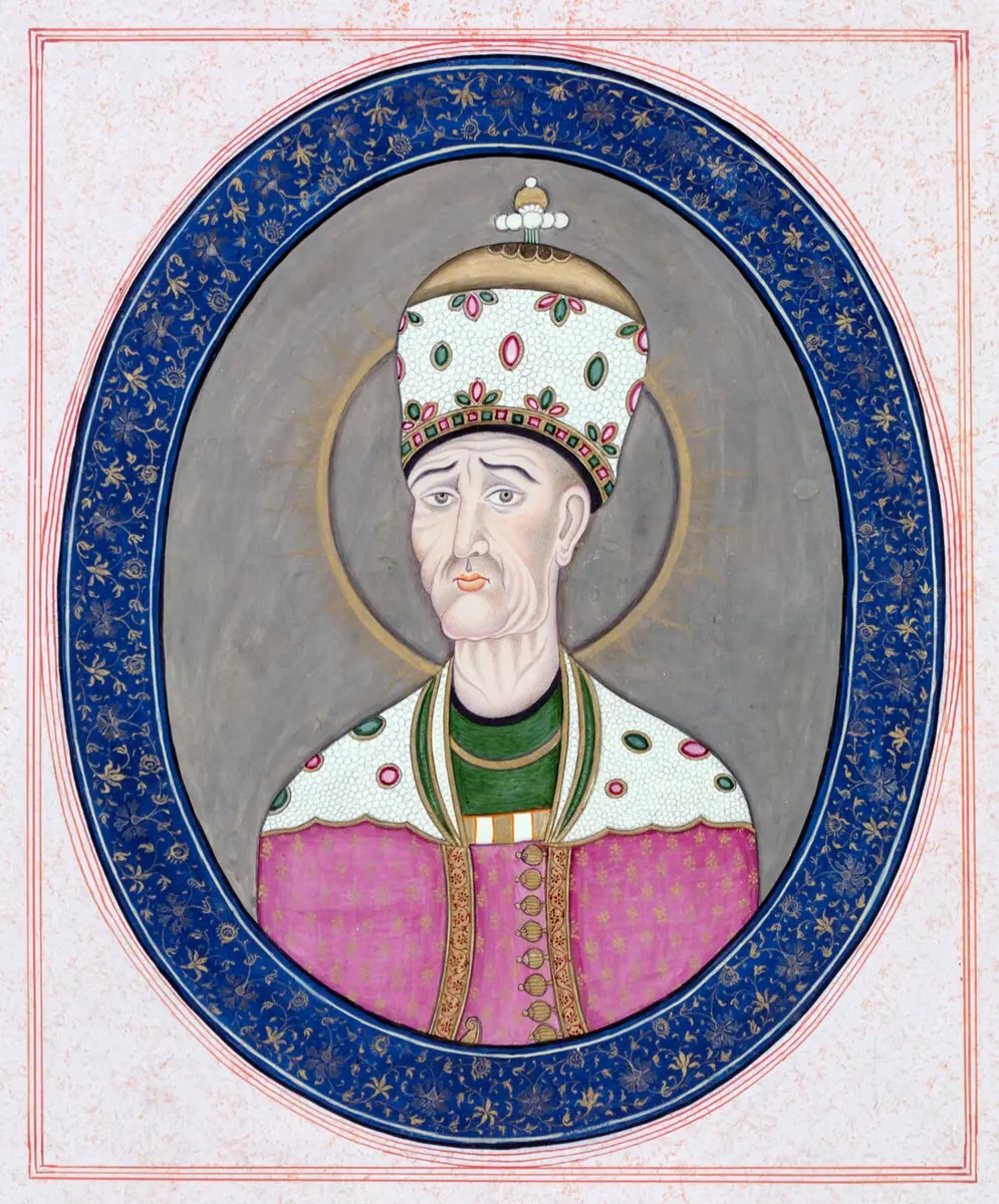 Persian portrait of Agha Mohammad Khan Qajar in a tall jeweled headdress, inside a painted oval