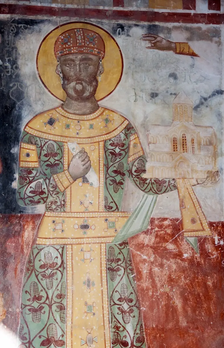 Fresco of King David IV in a patterned robe, holding a model of a church