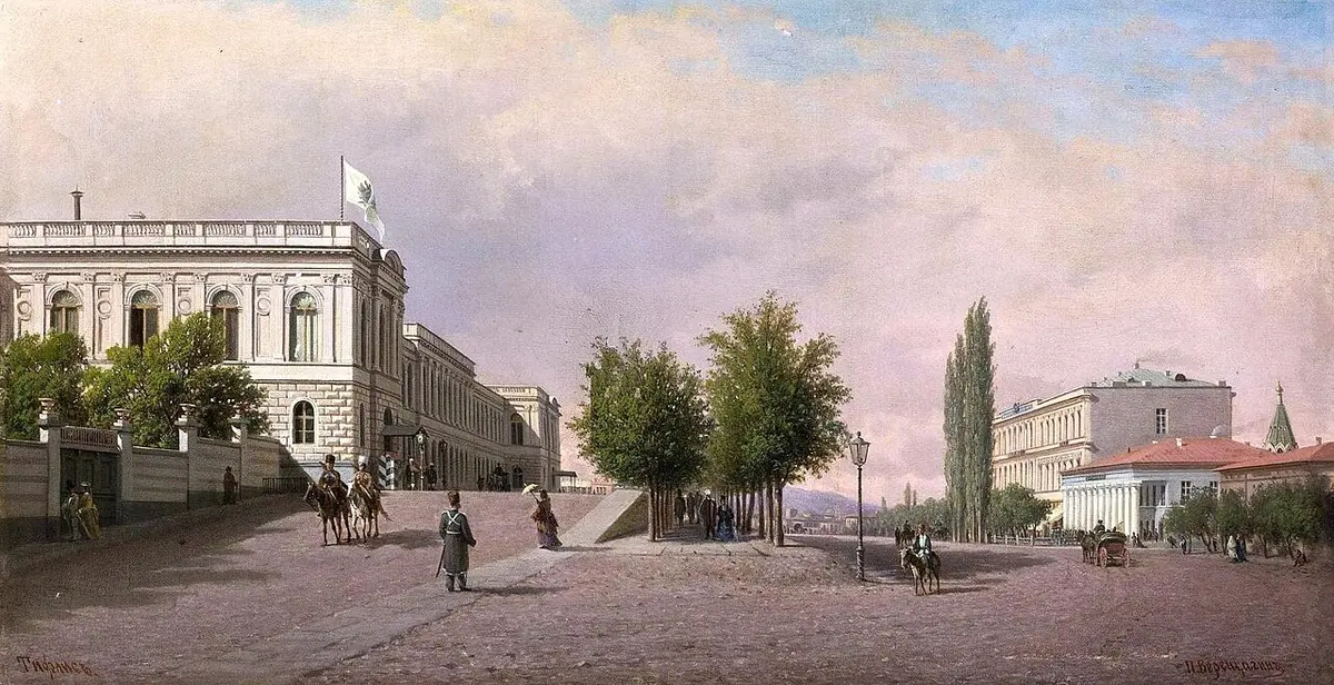 Painting of a wide avenue in Tiflis with the Viceroy’s Palace on the left, riders and strollers under a pink sky