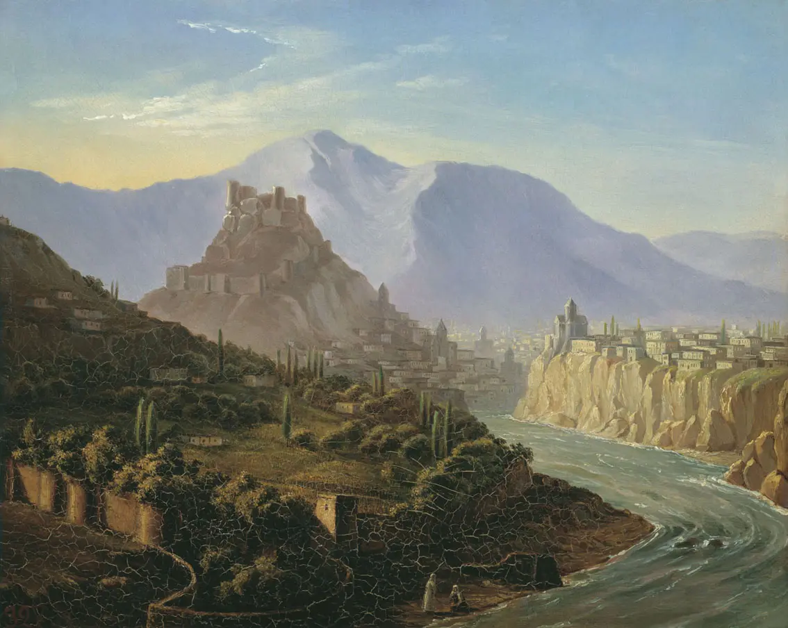Painting of Tiflis in 1837: a fortress on a rocky ridge above a winding river, houses on the cliffs and mountains behind
